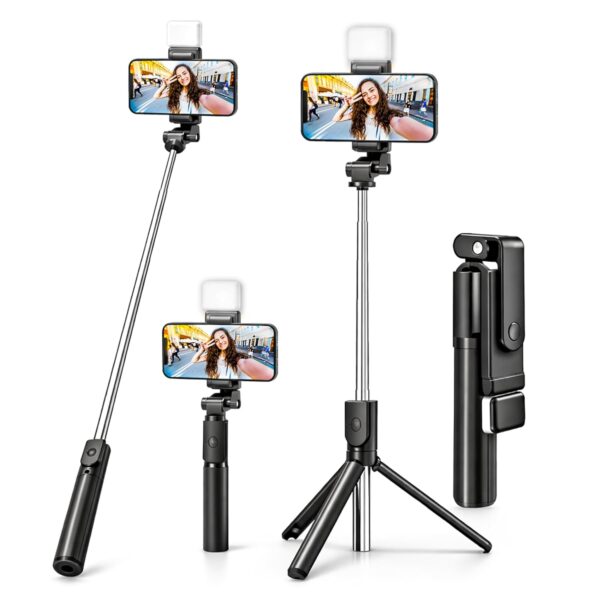 SWAPKART 3-in-1 Extendable Selfie Stick Tripod with Wireless Bluetooth Remote SWAPKART 3-in-1 Extendable Selfie Stick Tripod with Wireless Bluetooth Remote & LED Light for Photoshoot, Make Up & Selfie 70cm, Compatible with Smartphones & GoPro