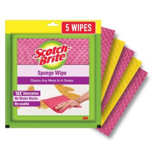 Scotch-Brite Sponge Wipes- Reusable, Kitchen and House Cleaning- Easy to use, Cleans any mess in a swipe, Absorbs water its own 10x weight, Multi- color, Biodegradable (pack of 5)