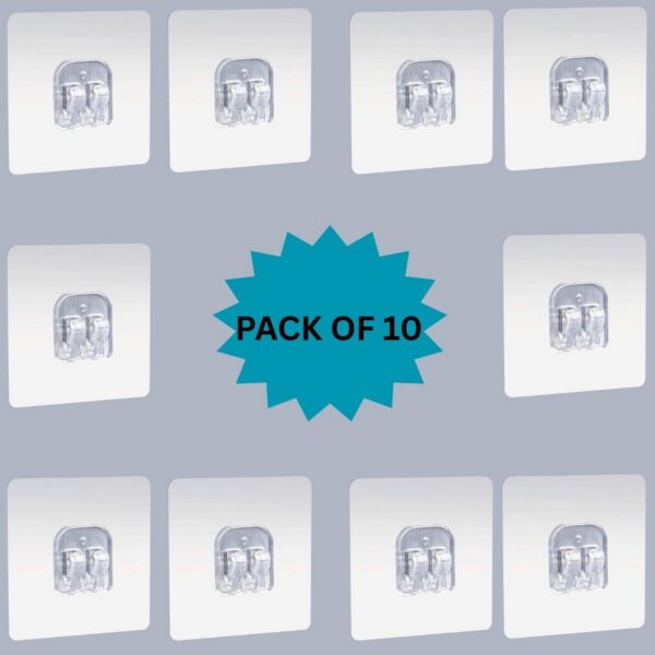 Seamless Adhesive Wall Mount Holder–Transparent Heavy Duty Sticky Hooks for Kitchen, Bathroom, Living Room & Office–Damage-Free Organizer for Racks, Shelves, Towel Bars & Accessories-Pack of 10