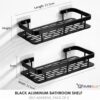 Self Adhesive Bathroom Shelf Without Drill Aluminium Rustproof Wall Mounted Organizer Rack for Kitchen & Bathroom Accessories Heavy Duty Storage (Black, Pack of 2)