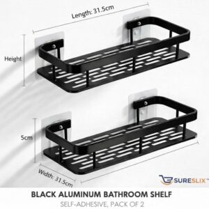 Self Adhesive Bathroom Shelf Without Drill Aluminium Rustproof Wall Mounted Organizer Rack for Kitchen & Bathroom Accessories Heavy Duty Storage (Black, Pack of 2)