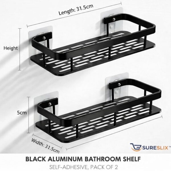 Self Adhesive Bathroom Shelf Without Drill Aluminium Rustproof Wall Mounted Organizer Rack for Kitchen & Bathroom Accessories Heavy Duty Storage (Black, Pack of 2)