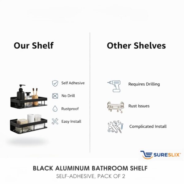 Self Adhesive Bathroom Shelf Without Drill Aluminium Rustproof Wall Mounted Organizer Rack for Kitchen & Bathroom Accessories Heavy Duty Storage (Black, Pack of 2)