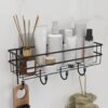 Self Adhesive Bathroom Shelf Without Drill | GI Steel Wall Mounted Bathroom Organizer Rack with Hooks | Rustproof Powder Coated Bathroom Stand (Black)