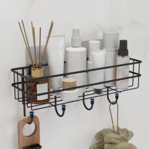 Self Adhesive Bathroom Shelf Without Drill | GI Steel Wall Mounted Bathroom Organizer Rack with Hooks | Rustproof Powder Coated Bathroom Stand (Black)