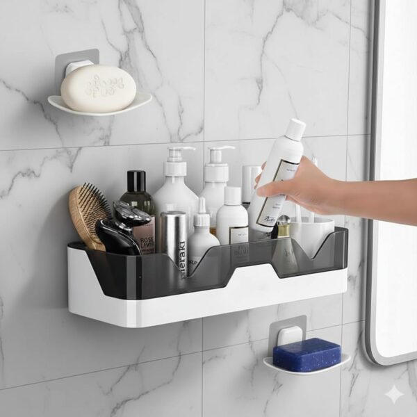 Self Adhesive Bathroom Shelf with 2 Soap Holders | No Drilling Wall Mounted Storage Rack for Shower, Kitchen & Wash Basin | Rust Resistant ABS Plastic Organizer