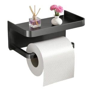 Self Adhesive Toilet Paper Holder with Mobile Stand & Towel Bar – Bathroom Tissue Roll Holder, Wall Mounted Storage Rack, No-Drill Bathroom Accessories (Black, Pack of 1)
