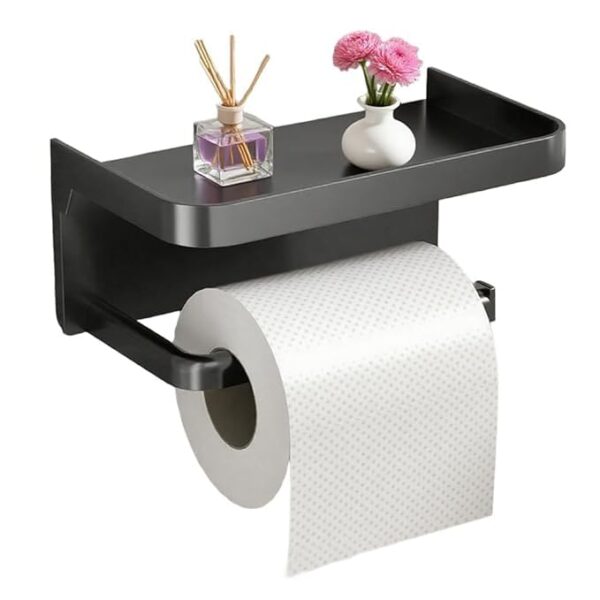 Self Adhesive Toilet Paper Holder with Mobile Stand & Towel Bar – Bathroom Tissue Roll Holder, Wall Mounted Storage Rack, No-Drill Bathroom Accessories (Black, Pack of 1)