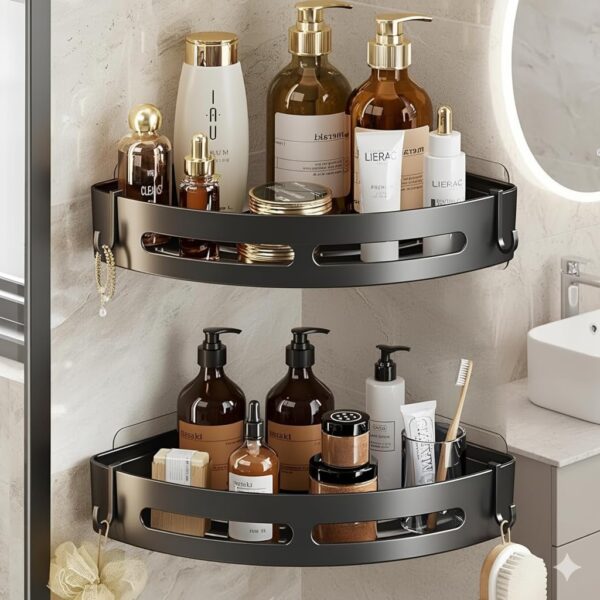 Self-Adhesive Wall-Mount Bathroom Corner Shelf Rack Organizer – bathroom organiser Self-Adhesive Wall-Mount Bathroom Corner Shelf Rack Organizer – bathroom organiser without drill kitchen organizer rack & Bathroom Accessories Wall Mounted Organizer Shelf(2 Pcs,Black)