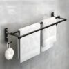 Self-Adhesive Wall Mounted Aluminium Double Rod Towel Bar with Hook Bathroom Towel Holder/Bathroom Accessories (50CM)(Black, Pack of 1)