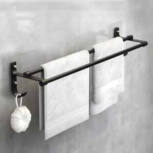 Self-Adhesive Wall Mounted Aluminium Double Rod Towel Bar with Hook Bathroom Towel Holder/Bathroom Accessories (50CM)(Black, Pack of 1)