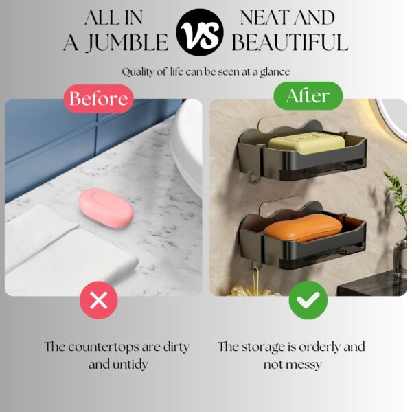 Self-Adhseive Bathroom Soap Holder with Drainage Tray Wall Mounted Soap Sponge Holder Organizer Accessories (Black, Pack of 2),Plastic