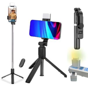 Selfie Stick with Fill Light, All in One Portable Selfie Selfie Stick with Fill Light, All in One Portable Selfie Stick Tripod Phone Holder with Detachable Wireless Remote, Compatible with iPhone 15/14/13/12/11, Android + USB LED Light LAMP