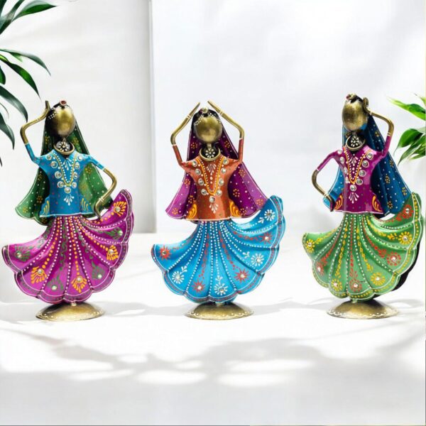 Set of 3 Metal Figurine Dancers Home Decor Item for Living Room, Bedroom, Wedding Festive Housewarming Gift Showpiece Rajasthani Dancing Dolls