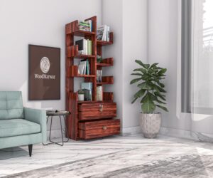 Sheesham Wood Free Standing Book Shelf | Multipurpose Bookshelf Storage Sheesham Wood Free Standing Book Shelf | Multipurpose Bookshelf Storage Display Rack with 8 Shelf & 2 Drawer with Lock for Ofice | Decorative Corner Shelf Bookcase for Home Decor | Honey