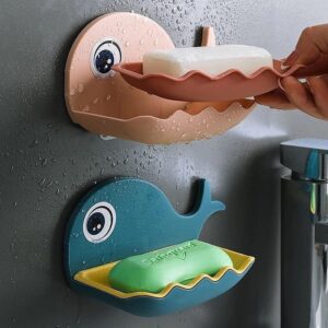 Shivstor Fish Shape Soap Holder for Bathroom Wall Cute Cartoon Adhesive Soap Dish with Drain Plastic Soap Box for Sink Shower Wash Basin Kitchen Wall Mounted Soap Organizer (1 Pcs)