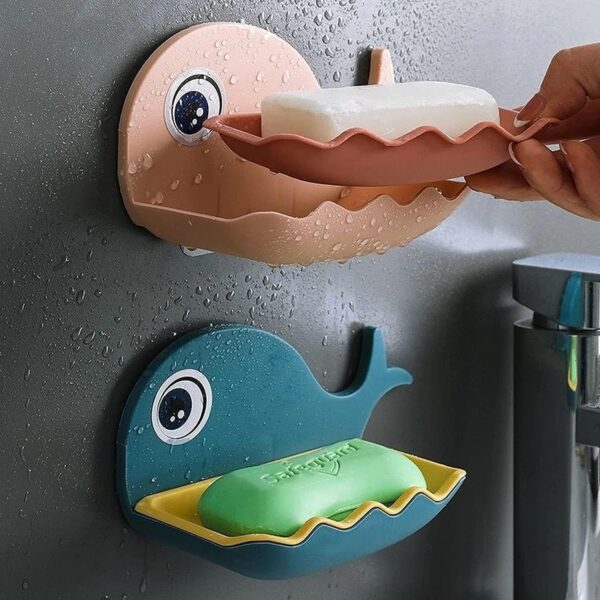 Shivstor Fish Shape Soap Holder for Bathroom Wall Cute Cartoon Adhesive Soap Dish with Drain Plastic Soap Box for Sink Shower Wash Basin Kitchen Wall Mounted Soap Organizer (1 Pcs)