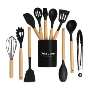 Silicone Kitchen Spatula and Utensils Spoon Set Cooking + Baking Set- 12 Pcs Non-Stick with Wooden Handle-BPA Free, Heat Resistant Item, Flexible Non Toxic Silicon Cookware Tools (Black)