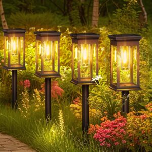 Solar Garden Lights Outdoor, 4 Pack Upgraded Tungsten Glow LED Pathway Lights, IP65 Waterproof, Auto On/Off, Adjustable Height for Garden, Patio, Yard, Walkway, Warm White