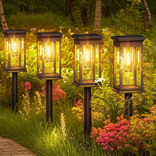 Solar Garden Lights Outdoor, 4 Pack Upgraded Tungsten Glow LED Pathway Lights, IP65 Waterproof, Auto On/Off, Adjustable Height for Garden, Patio, Yard, Walkway, Warm White