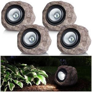 Solar Garden Rock Lights Outdoor - IP65 LED Waterproof Solar Solar Garden Rock Lights Outdoor - IP65 LED Waterproof Solar Spotlight, Solar Powered Landscape Lights Decorative Garden Stone Light for Pathway, Walkway, Yard, Patio (4 Pack)