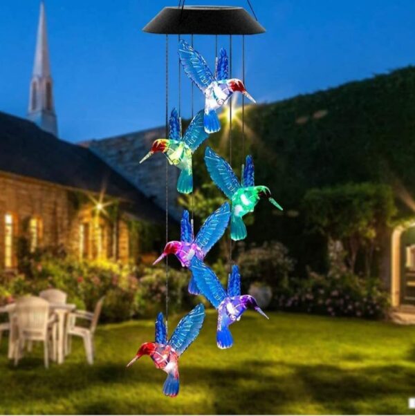 Solar Powered Hummingbird Wind Chime, LED Color Changing Mobile with Solar Powered Hummingbird Wind Chime, LED Color Changing Mobile with Blue Crystal Birds, Outdoor Garden Decor, Hanging Light for Patio, Yard