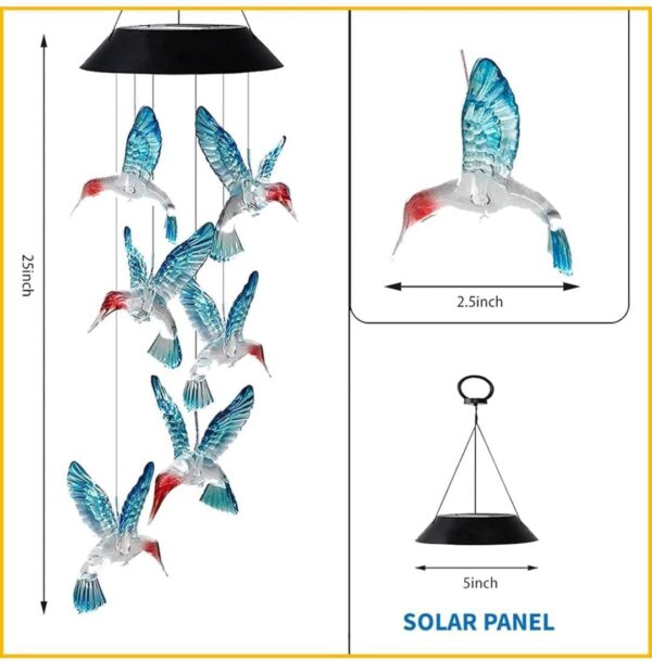Solar Powered LED Hummingbird Wind Chime, Color Changing Outdoor Garden Light, Mobile Hanging Decoration with Blue Crystal Birds