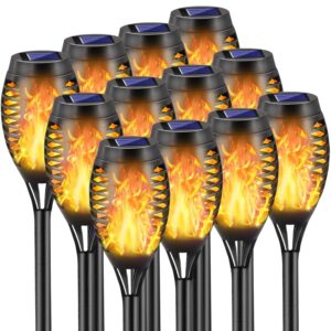 Solar Torch Lights Outdoor, 12 Pack Solar Torch Lights with Flickering Flame, 12 LED Mini Tiki Torches for Outside Waterproof Landscape Decorations for Garden Pathway Dusk to Dawn Auto On/Off