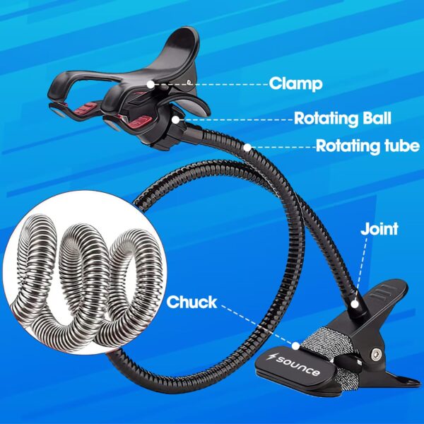 Sounce Mobile Stand Holder Metal Built - Cell Phone Stand Perfect for Video Table Online Class Home Bed Flexible Charging Hand Bike Movie Office Gift Desktop Heavy Duty Lazy Mount Multi Angle Clamp