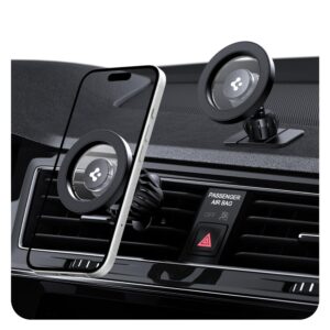 Spigen Magnetic Air Vent Car Mobile Holder, Super Strong Magnet, (Magnetic Ring & Extra Mini Dashboard Mount Included) for iPhone 17/16/15/13/12, Samsung Galaxy & More (MFT13) - Black