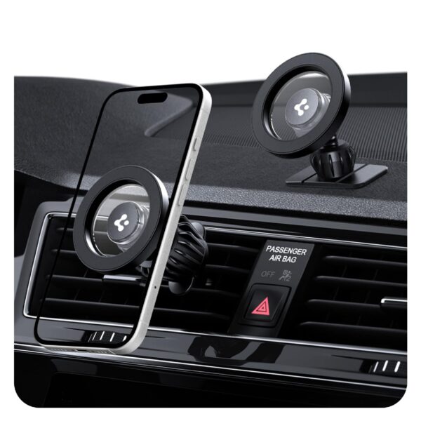 Spigen Magnetic Air Vent Car Mobile Holder, Super Strong Magnet, (Magnetic Ring & Extra Mini Dashboard Mount Included) for iPhone 17/16/15/13/12, Samsung Galaxy & More (MFT13) - Black