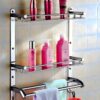 Stainless Steel 3 in 1 Double Layer Multipurpose Wall Mount Stainless Steel 3 in 1 Double Layer Multipurpose Wall Mount Rack Shelf | Chrome Finish Bathroom and Kitchen Accessories Organizer | Durable Rustproof Storage Shelf | Silver | Set of 1