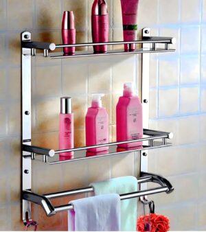 Stainless Steel 3 in 1 Double Layer Multipurpose Wall Mount Rack Shelf | Chrome Finish Bathroom and Kitchen Accessories Organizer | Durable Rustproof Storage Shelf | Silver | Set of 1