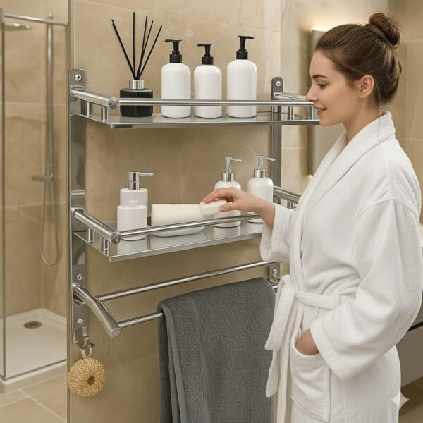 Stainless Steel Double Layer Bathroom Shelf | Wall Mounted Rack with Towel Bar & Hooks | Rust-Free Multipurpose Organizer for Bathroom & Kitchen (Chrome Mirror Finish, Silver)