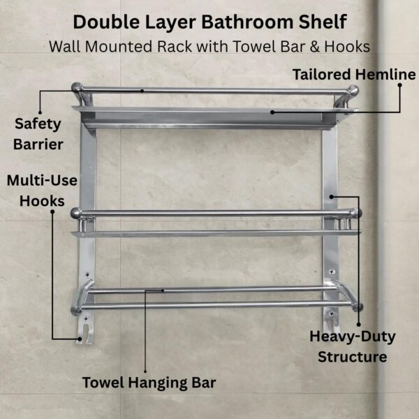 Stainless Steel Double Layer Bathroom Shelf | Wall Mounted Rack with Towel Bar & Hooks | Rust-Free Multipurpose Organizer for Bathroom & Kitchen (Chrome Mirror Finish, Silver)