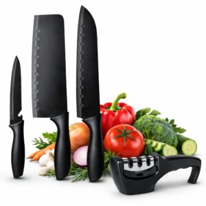 Stainless Steel Knives with Sharpener (3+1 Pcs) | Professional Knives for Kitchen, Vegetable Knife Set for Home & Restaurant | 3 Slot Sharpener Best Kitchen Knife Set | Kitchen Accessories