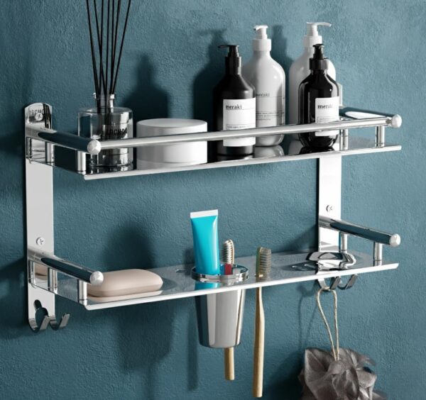 Stainless Steel Multi-use Rack, Bathroom Shelf, Soap Stand, Tumbler and Toothbrush Holder, Bathroom Accessories, Silver, Number of Shelves 2