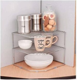 Steel 2-Tier Kitchen Rack and Organizer, Container Organizer, Utensils Dish Rack, Spice Jar Holder Rack and Cup and Glass Holder (3 Layer Corner Rack)