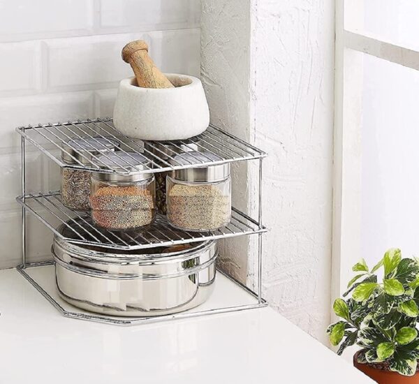 Steel 2-Tier Kitchen Rack and Organizer, Container Organizer, Utensils Dish Rack, Spice Jar Holder Rack and Cup and Glass Holder (3 Layer Corner Rack)