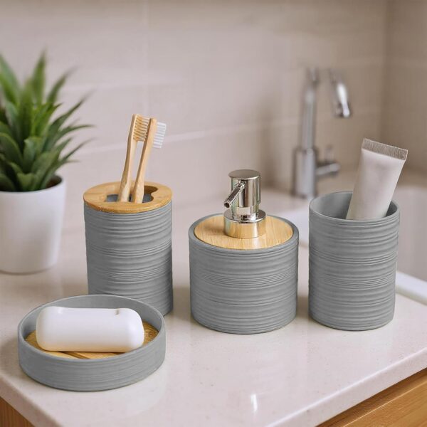 Story@Home 4 Pieces Bathroom Accessories Set - Grey | Toothbrush Holder, Soap Dispenser, Mouth Wash Cup & Soap Dish for Home Kitchen & Bathroom | Bathroom Essentials for Office