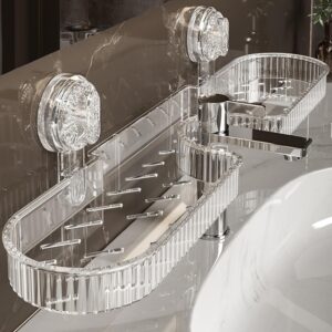 Suction Cup Mounted Storage Rack - No Drill Adhesive Wall-Mounted Heavy-Duty Plastic Organizer with Adjustable Bar, Space-Saving Sink, Bathtub for Bathroom & Kitchen