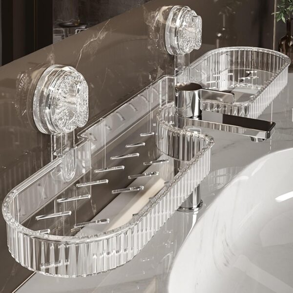 Suction Cup Mounted Storage Rack - No Drill Adhesive Wall-Mounted Suction Cup Mounted Storage Rack - No Drill Adhesive Wall-Mounted Heavy-Duty Plastic Organizer with Adjustable Bar, Space-Saving Sink, Bathtub for Bathroom & Kitchen