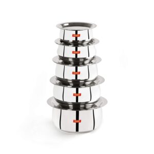 Sumeet Stainless Steel Belly Shape 5 Pc Tope/Cookware/Pot Set with Lid 380ML, 500ML, 780ML, 1.1Ltr, 1.4Ltr, (Silver)