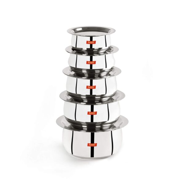 Sumeet Stainless Steel Belly Shape 5 Pc Tope/Cookware/Pot Set with Lid 380ML, 500ML, 780ML, 1.1Ltr, 1.4Ltr, (Silver)
