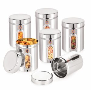 Suvi 1kg Set of 6pcs Stainless Steel Kitchen Containers with See Through Window | Food Storage Dabba | Steel Containers Set | Silver Mirror Finish | Food Grains Capacity - 1kg Approx (1250ml-6pcs)