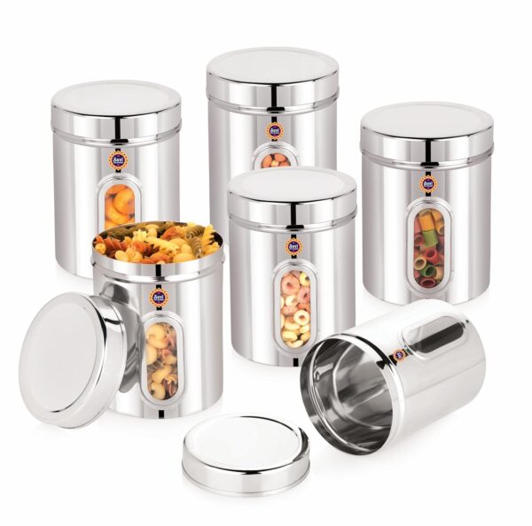Suvi 1kg Set of 6pcs Stainless Steel Kitchen Containers with Suvi 1kg Set of 6pcs Stainless Steel Kitchen Containers with See Through Window | Food Storage Dabba | Steel Containers Set | Silver Mirror Finish | Food Grains Capacity - 1kg Approx (1250ml-6pcs)
