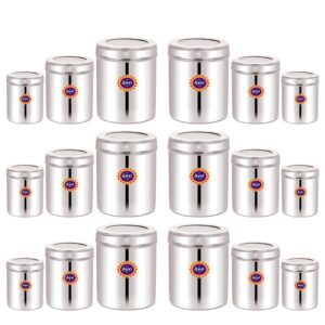 Suvi Set of 18pcs Stainless Steel Kitchen Containers Set with See Through Lid | Ubha Dabba Multipurpose Storage Box for kitchen containers | Food Grains Capacity - 500g, 750g & 1kg Approx (6pcs Each)