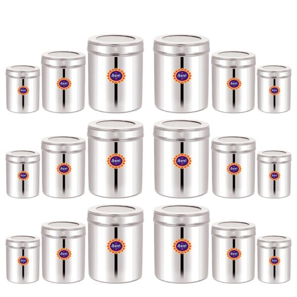 Suvi Set of 18pcs Stainless Steel Kitchen Containers Set with See Through Lid | Ubha Dabba Multipurpose Storage Box for kitchen containers | Food Grains Capacity - 500g, 750g & 1kg Approx (6pcs Each)