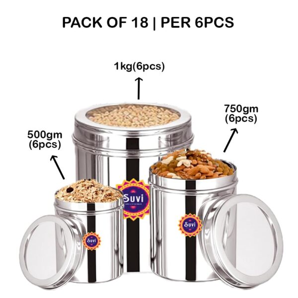 Suvi Set of 18pcs Stainless Steel Kitchen Containers Set with See Through Lid | Ubha Dabba Multipurpose Storage Box for kitchen containers | Food Grains Capacity - 500g, 750g & 1kg Approx (6pcs Each)