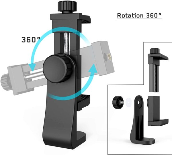 TECHONTO® 360° Degree Cell Phone Holder with Adjustable Clamp Phone Tripod Mount Adapter Compatible with Smartphones & All Types of Tripods – Black